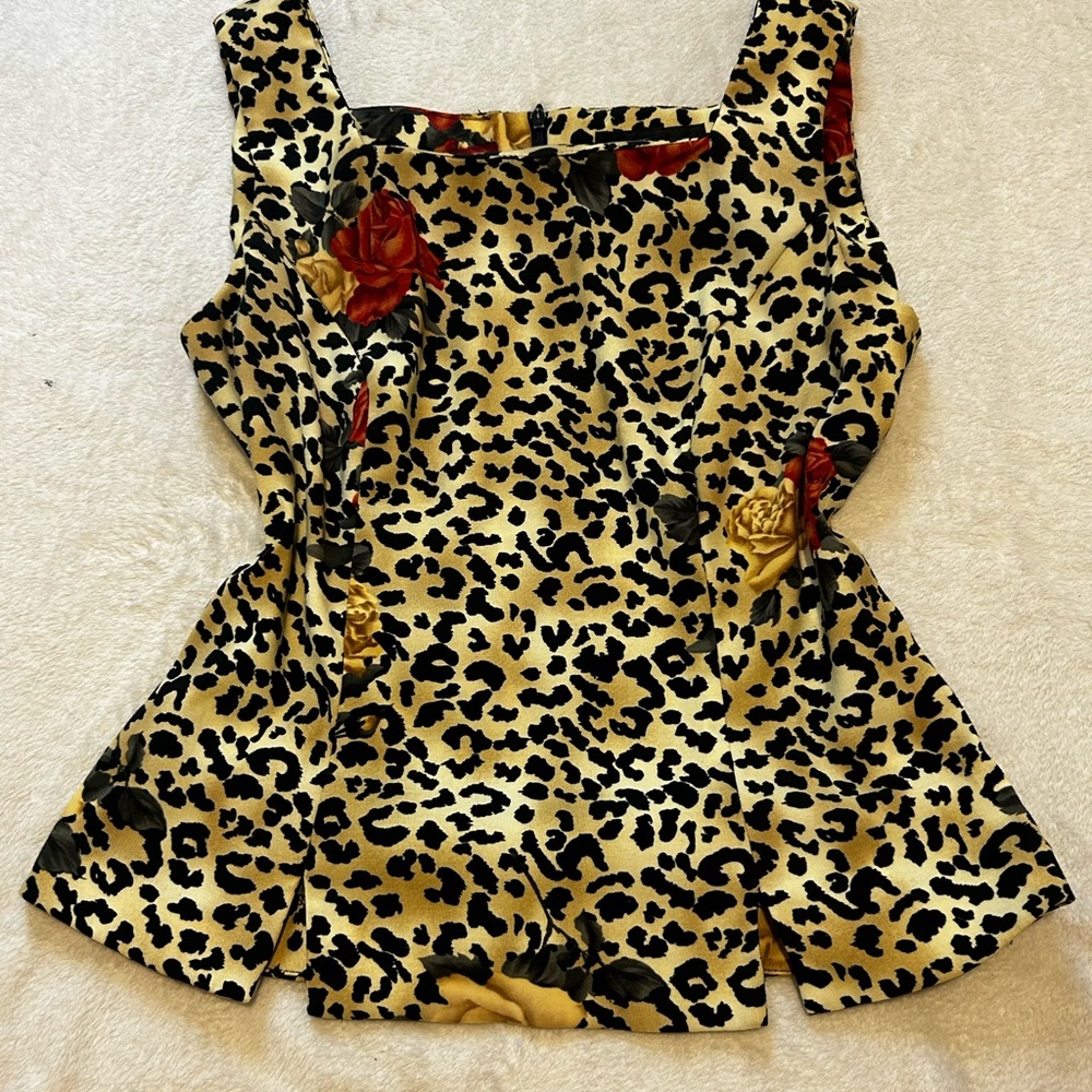 Leopard Print Sleeveless Top with Floral Accents
